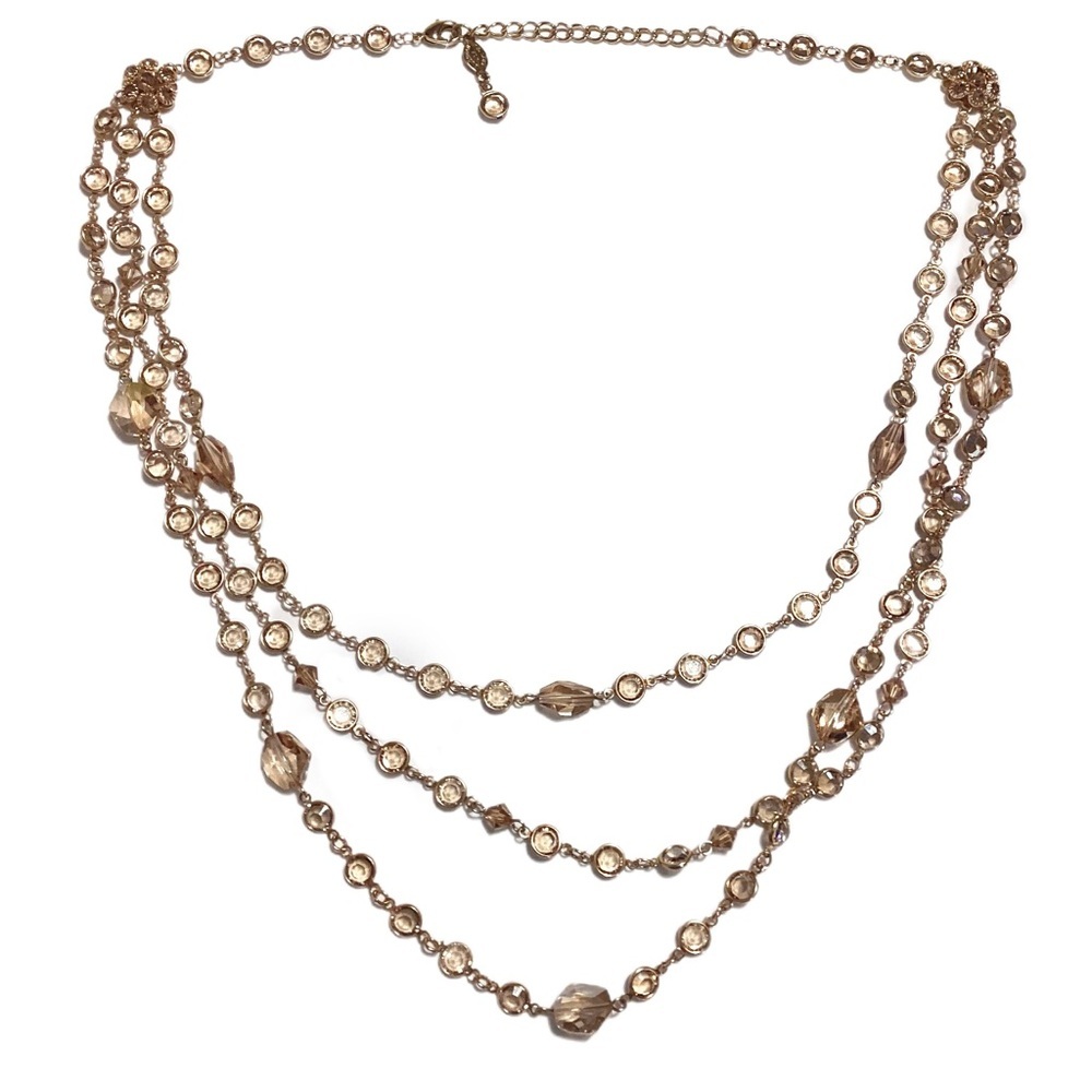 Austrian Crystal USA Signed GoldTone Bezel Champagne Multi-Strand Necklace 24.5”